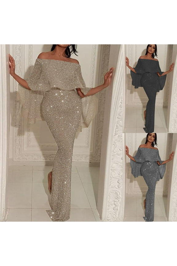 Women's Cocktail Dresses Glitter Sparkle off Shoulder Midi Sequins Dress Trendy Split Bodycon Pencil Dresses formal Evening Gown Wedding Guest Prom Dress Black L