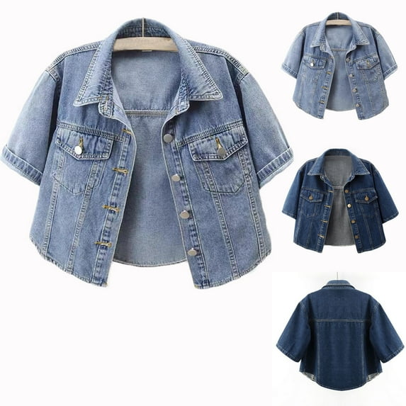 Jinhomg Women's Cropped Denim Jackets Stretchy Comfy Short Sleeve Shacket Jacket Casual Button Down Lapel Collar Jean Cardigans 90 off Clearance Sale Light Blue XXL
