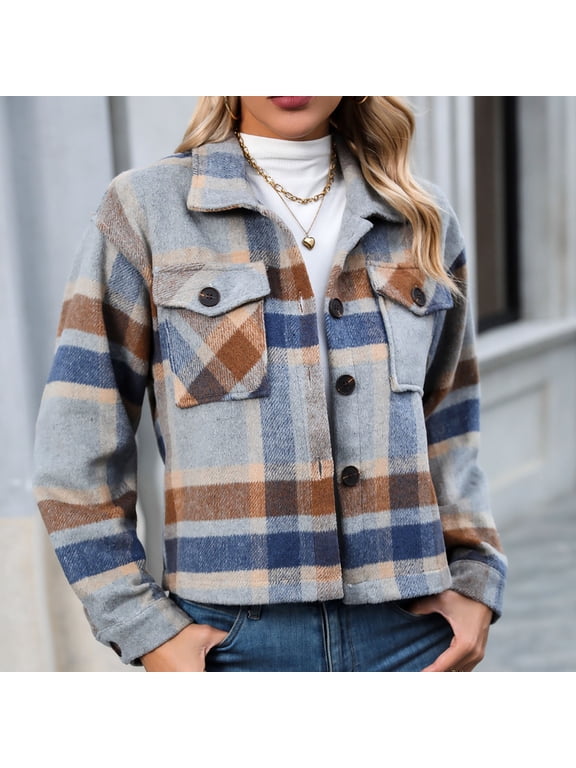 Women's Cropped Shacket Jacket Trendy Long Sleeve Flannel Plaid Shirt Jackets Casual Comfy Lapel Button Down Coats KhakiXL