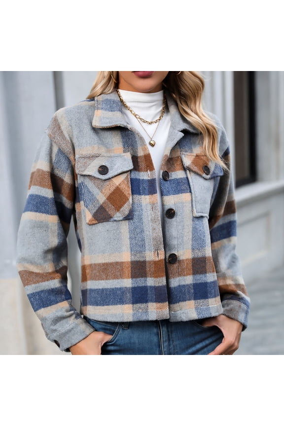 Women's Cropped Shacket Jacket Trendy Long Sleeve Flannel Plaid Shirt Jackets Casual Comfy Lapel Button Down Coats KhakiXL