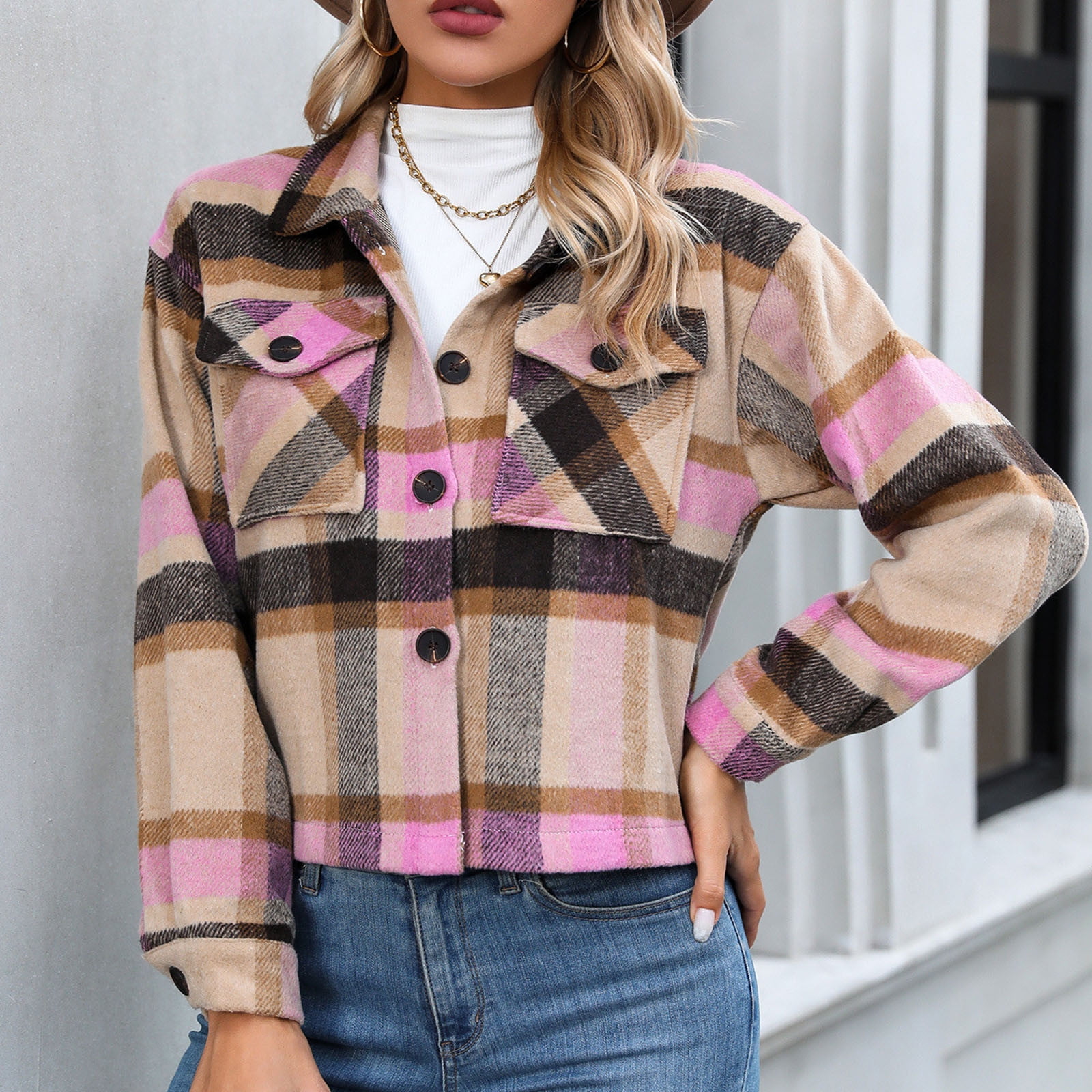 Jinhomg Women's Cropped Shacket Jacket Trendy Long Sleeve Flannel Plaid ...