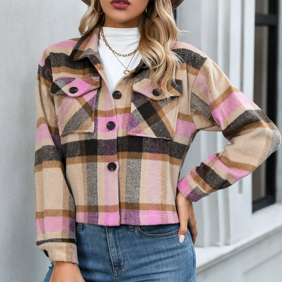 Jinhomg Women's Cropped Shacket Jacket Trendy Long Sleeve Flannel Plaid Shirt Jackets Casual Comfy Lapel Button Down Coats PinkL