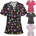thumbnail image 1 of Jinhomg Women's Cute Scrub Tops Funny Animals Printed Nurse Uniform Stretchy Comfy Short Sleeve V Neck Medical Scrubs with Pockets Spring Saving Today Pink XL, 1 of 4