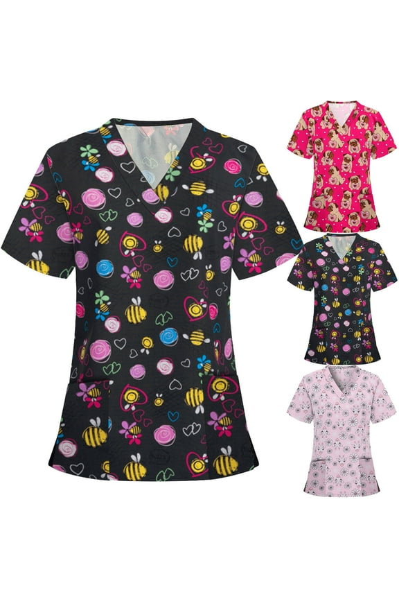 Women's Cute Scrub Tops Funny Animals Printed Nurse Uniform Stretchy Comfy Short Sleeve V Neck Medical Scrubs with Pockets Winter Saving Hot Pink XXL