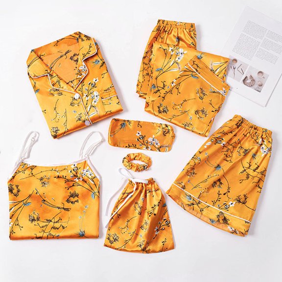 Jinhomg Women's Cute Silk Satin Pajamas Set Fall Cozy 7 Pcs Pjs Sets Outfits Long Sleeve Button Down Shirt and Cami, Pant, Shorts, Bag, Eye Masks, Hair Rings Yellow M