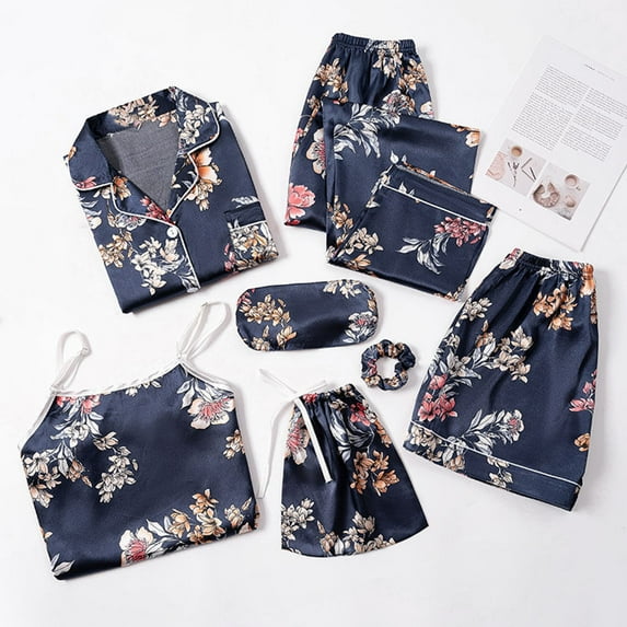 Jinhomg Women's Cute Silk Satin Pajamas Set Fall Cozy 7 Pcs Pjs Sets Outfits Long Sleeve Button Down Shirt and Cami, Pant, Shorts, Bag, Eye Masks, Hair Rings Limited Time Prime Day Summer Navy XL
