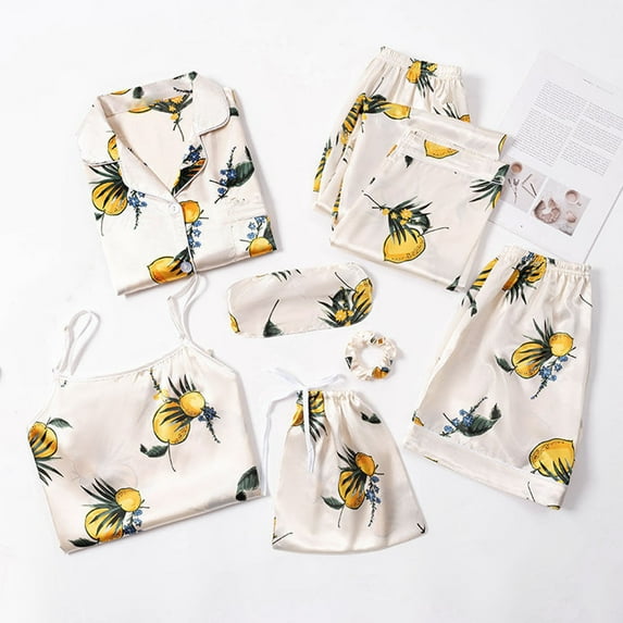 Jinhomg Women's Cute Silk Satin Pajamas Set Fall Cozy 7 Pcs Pjs Sets Outfits Long Sleeve Button Down Shirt and Cami, Pant, Shorts, Bag, Eye Masks, Hair Rings Winter Saving Beige XXL