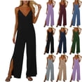thumbnail image 1 of Jinhomg Women's Deep V Neck Cami Jumpsuit Side Slit Wide Leg Romper Fashion One Piece Wear Casual Summer Beach Outfits Blue S, 1 of 8