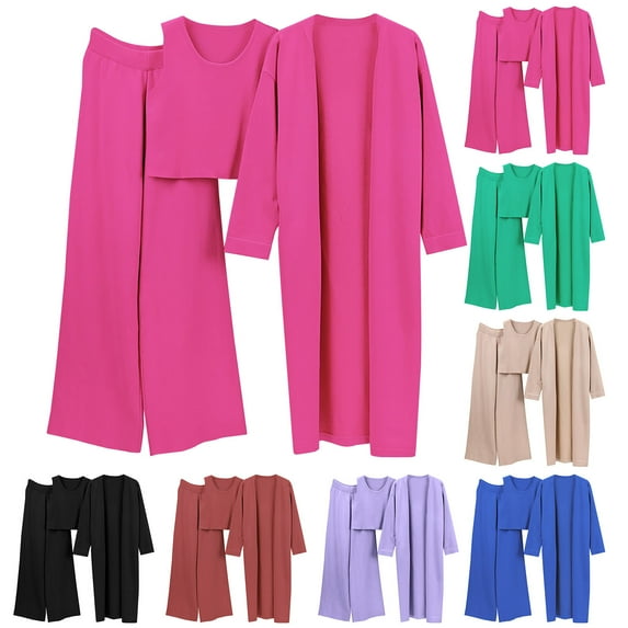 Jinhomg Women's Dressy Knitted Sets 3 Piece Casual Solid Lounge Set Loose Comfy Long Length Open Front Cardigan with Sleeveless Vest and Wide Leg Pants Purple Free Size