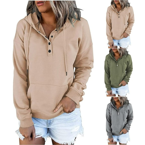 Jinhomg Women's Dressy Solid Hoodies Comfort Long Sleeve Button Pullover Tops Drawstring Hooded Sweatshirts Fall Fashion Clothe 2025 Army Green XXXL