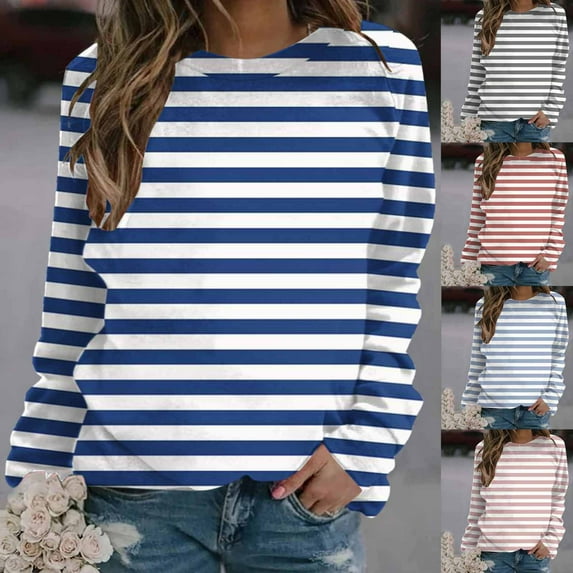 Jinhomg Women's Drop Shoulder Sweatshirt Trendy Long Sleeve Striped Print Tee Shirts Casual Cozy Crew Neck Fall Tops 2025 Trendy Going Out Wear Prime Day 2025 Pink XL