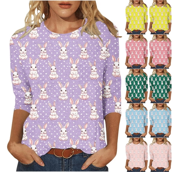 Jinhomg Women's Easter Day Shirt 2025 Trendy Rabbit Printed Tunic Tops Casual Comfy 3/4 Length Sleeve Crew Neck Spring Holiday Blouses Yellow XXXXXL
