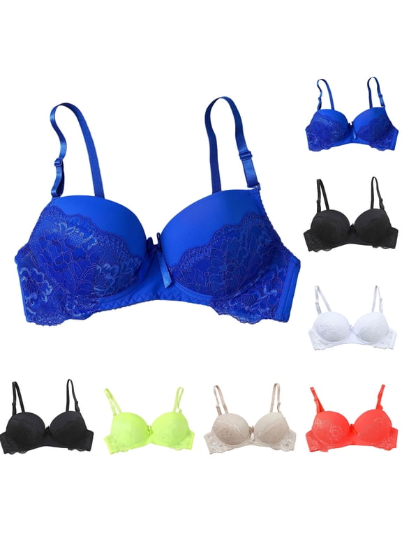 Women's Everyday Bras, Wireless Lace Wireless Push Up Bra for daily, work and T-shirt wear, Back Hook Eye Closure, Lace No Print, Lightly Padded Support Blue L