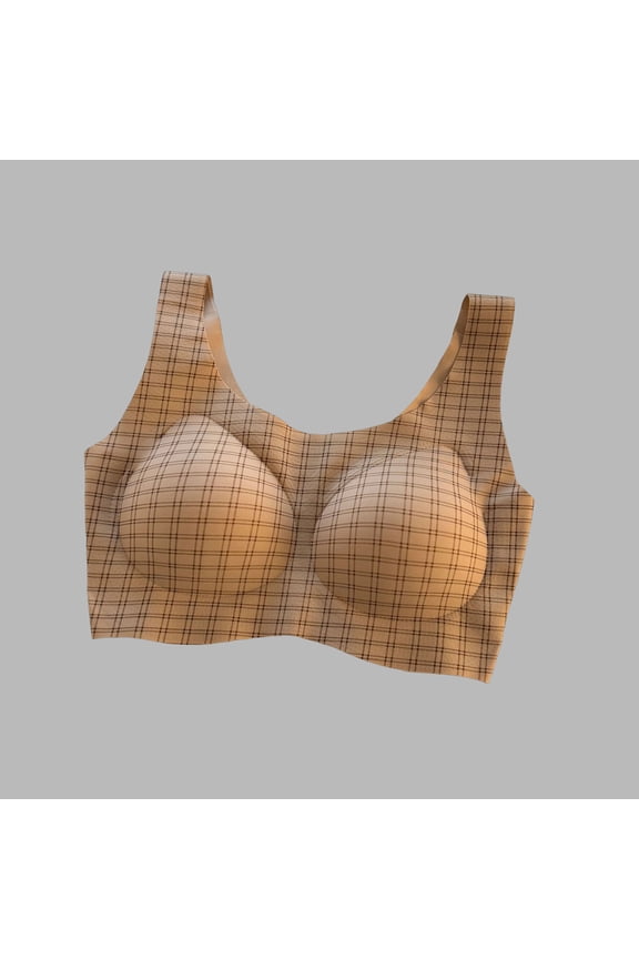 Women's Everyday Bras, Wireless Plaid Seamless Bralette for daily, work and T-shirt wear, Pull-On Closure, Plaid Print, Lightly Padded Support Khaki XL