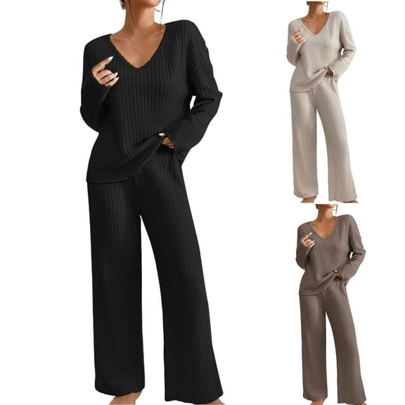 Jinhomg Women's Fall Lounge Set Trendy Long Sleeve V-neck Pullover Tops and Straight Leg Pants 2 Piece Casual Comfy Pajamas Outfits Black M