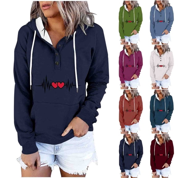 Jinhomg Women's Fall Sweatshirt Cute Heart Print Drawstring Hoodies Casual Comfy Thin Fleece Button Up Pullover Tops with Kangaroo Pocket Blue XL