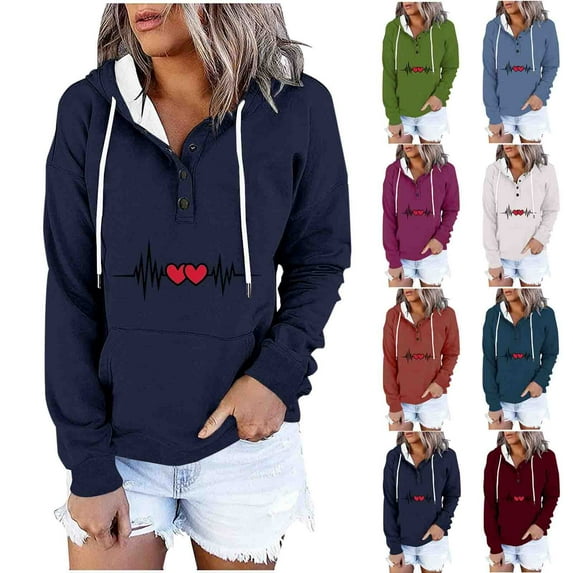 Jinhomg Women's Fall Sweatshirt Cute Heart Print Drawstring Hoodies Casual Comfy Thin Fleece Button Up Pullover Tops with Kangaroo Pocket Fall Saving Blue M
