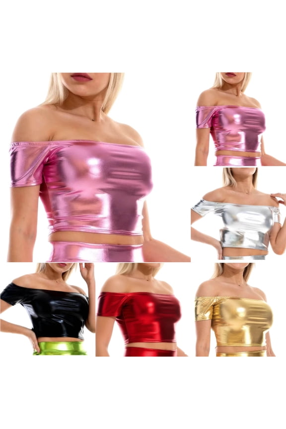 Women's Fashion Sparkly Tops Off Shoulder Short Sleeve T-Shirts Trendy Party Rave Mini Tops Y2k Clothes Pink S