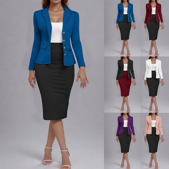 Jinhomg Women's Fashion Suits Dressy Casual Open Front Single Breasted Blazers with Bodycon Pencil Skirt 2 Piece Color Block Business Sets Purple L