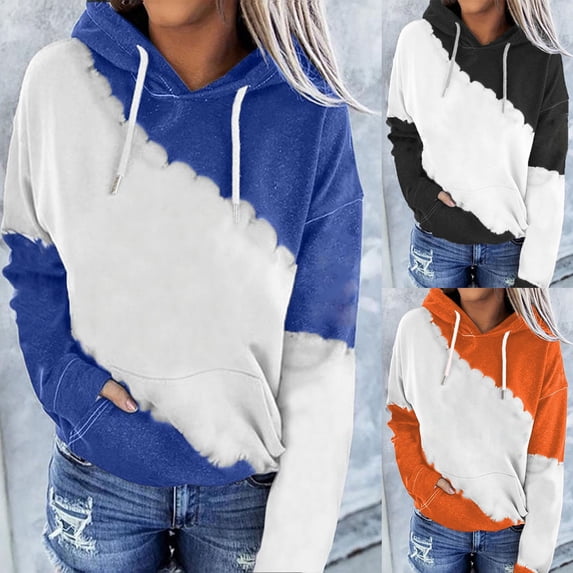 Jinhomg Women's Fashion Sweatshirts and Hoodies Comfy Simple Color Block Pullovers Casual Long Sleeve Drawstring Hoodies with Pockets Blue XL