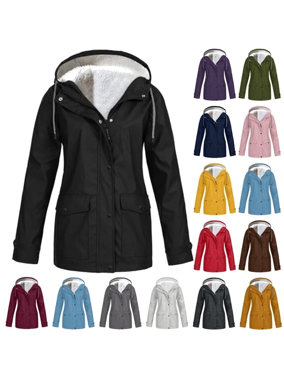 Women's Fleece Lined Jackets Thermal Cozy Sherpa Fleece Hooded Rain Coats 2026 Trendy Solid Color Waterproof Windbreaker Going Out Wear Brown M