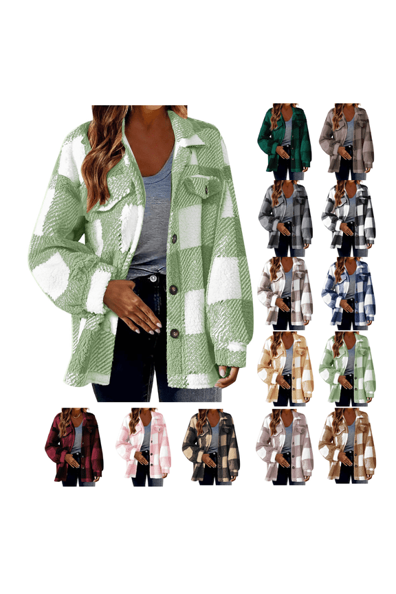 Women's Fleece Shacket Fuzzy Sherpa Plaid Jacket Laple Neck Warm Soft Button up Long Sleeve Flannels Coats with Pockets Brown,XXL