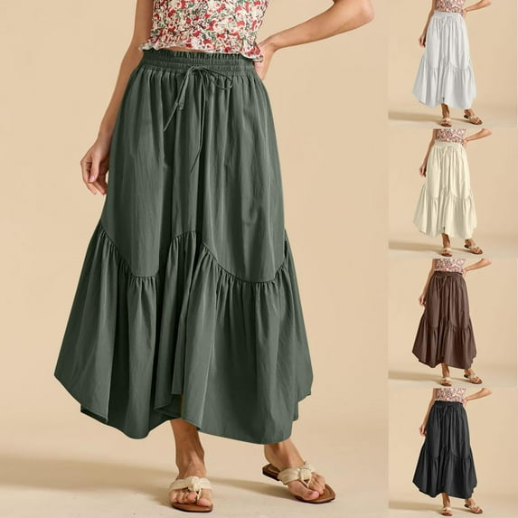 Jinhomg Women's Flowy Boho Maxi Skirt Cute Tiered Maxi Skirt Lightweight Elastic Drawstring Waist A Line Pleated Skirts Casual Summer Beach Long Skirts Black S