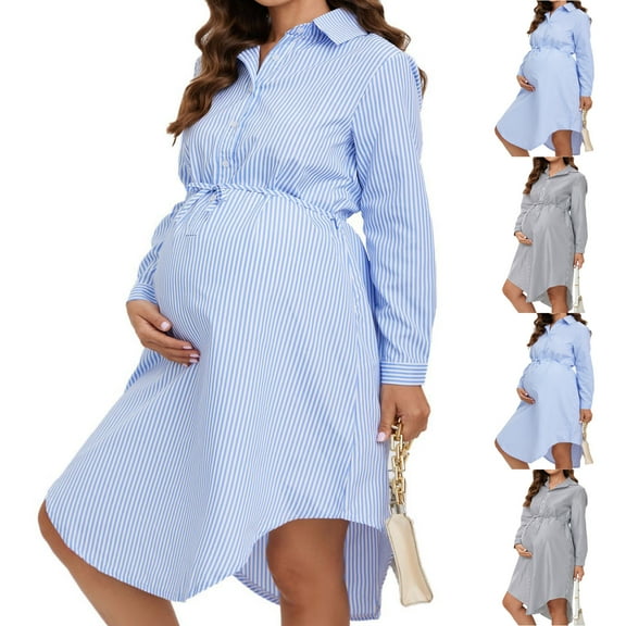 Jinhomg Women's Flowy Pregnancy Dress Fall Comfort Long Sleeve Button Up Casual Dress Trendy Striped Lapel Collar Maternity Dresses with Lace Up Winter Saving Blue XL