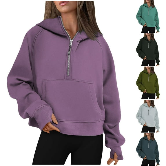 Jinhomg Women's Half Zip Sweatshirts Oversized Comfy Long Sleeve Hoodies 2024 Trendy Y2K Kangaroo Pocket Hooded Pullover Limited Time Deals of The Day Purple L