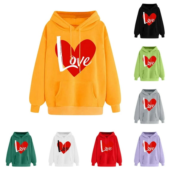 Jinhomg Women's Heart Print Sweatshirts Holiday Casual Kangaroo Pocket Drawstring Hoodies Fall Comfy Long Sleeve Hooded Sweatshirt Sales Today Clearance Gray XL