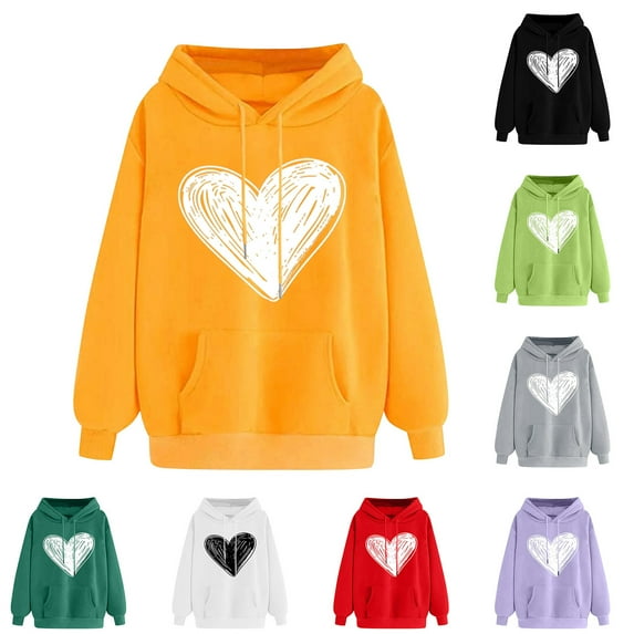 Jinhomg Women's Heart Print Sweatshirts Holiday Casual Kangaroo Pocket Drawstring Hoodies Fall Comfy Long Sleeve Hooded Sweatshirt Spring Saving White M