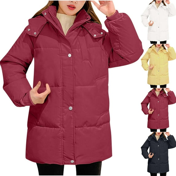 Jinhomg Women's Hooded Warm Winter Coat Comfy Mid Length Double Closure Puffer Jacket Casual Loose Long Sleeve Quilted Coat Today's 90 off Clearance Sale Red XL
