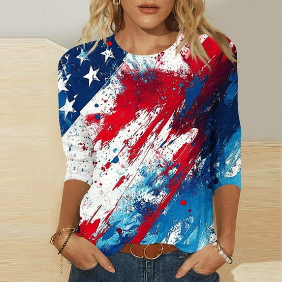 Jinhomg tunic tops for women 2025 4th of July 3/4 Length Sleeve American Flag Print Shirts Classic Round Neck Patriotic Blouses Red XXXL