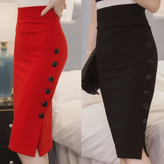 Jinhomg Women's Knitted Cotton Bodycon Skirt, High-Waist Split Pencil Skirt for Office & Daily Wear, Slim-Fit Midi Skirt Red,XL