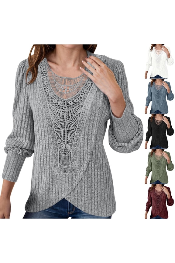 Women's Lace Crochet Sweater Dressy Casual Solid Ribbed Knit Pullover Tops Comfy Long Sleeve Tunics Lightweight Spring Shirts White XL