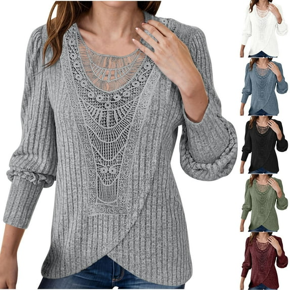 Jinhomg Women's Lace Crochet Sweater Dressy Casual Solid Ribbed Knit Pullover Tops Comfy Long Sleeve Tunics Lightweight Spring Shirts Sales Today Clearance Black M