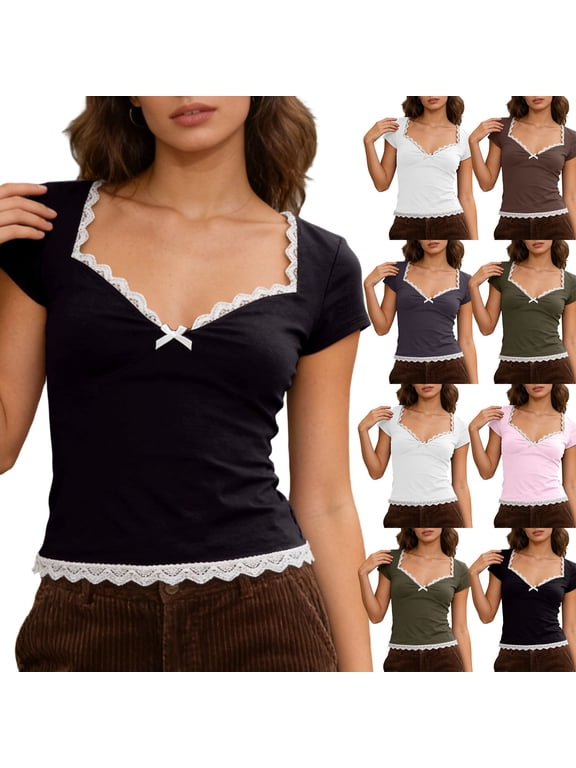 Women’s Lace Trim T Shirts Square Neck Short Sleeve Modal Y2K Slim Fit Tops Summer Going Out Tees Pink S