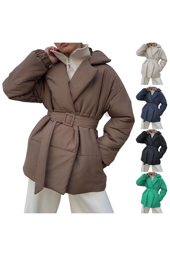 Women's Lightweight Down Jacket Trendy Open Front Notch Collar Puffy Packable Jacket Winter Warm Puffer Down Coat for Christmas Gift Brown S
