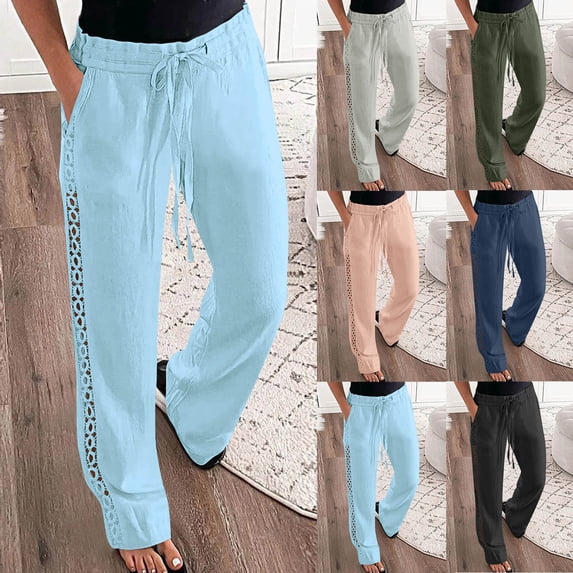 Jinhomg Women's Linen Pants with Drawstring Casual Solid Cotton Summer Pants Lightweight Comfy Elastic Waist Trousers Vacation Beachwear Pink M