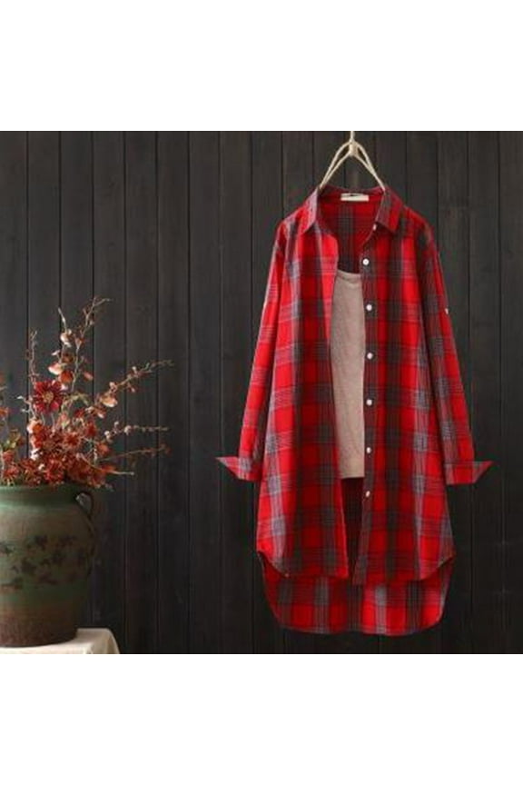 Women's Long Length Cotton Linen Shirt Oversized Long Sleeve Striped Coats Casual Button Down Fall Shacket Jecket Spring Saving Red L