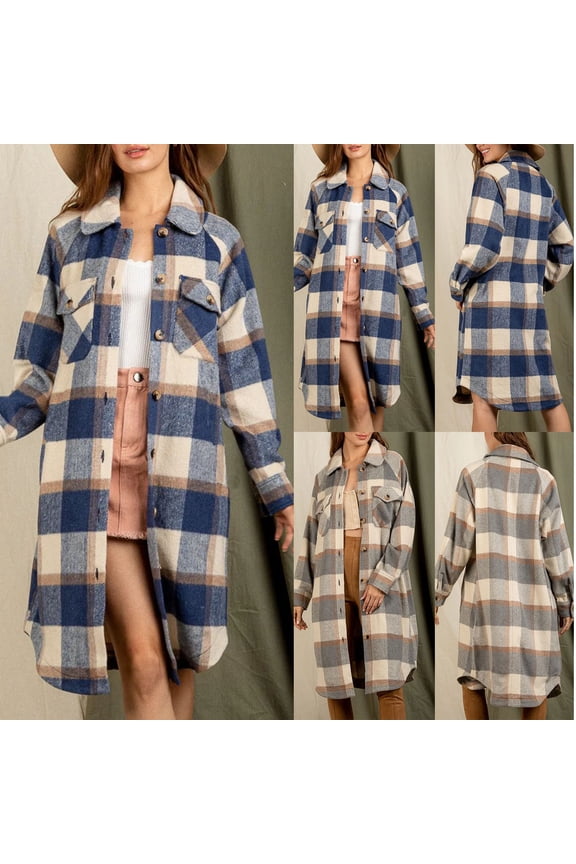 Women's Long Length Plaid Jacket Loose Fit Casual Flannel Shacket Fall Winter Comfy Button Down Lapel Collar Coats 2025 Ladies Gifts Gray L