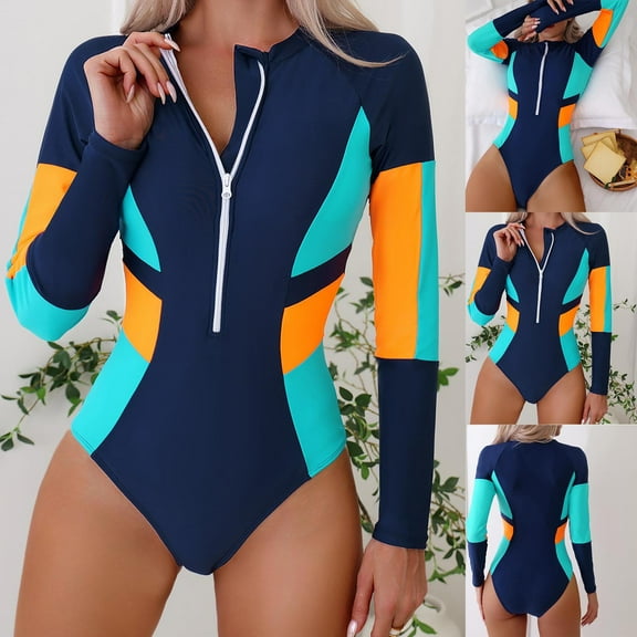 Jinhomg Women's Long Sleeve Bathing Suit One Piece Rash Guard Swimsuits Modest Zip Up Swimwear Full Coverage Sun Protection Beachwear Navy XL