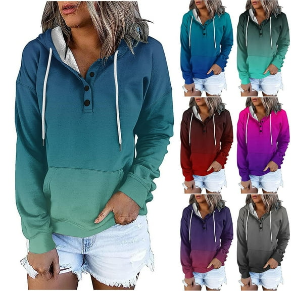Jinhomg Women's Long Sleeve Drawstring Hoodies Trendy Gradient Color Button Up Pullovers Lightweight Comfort Kangaroo Pocket Sweatshirts Hot Pink XL