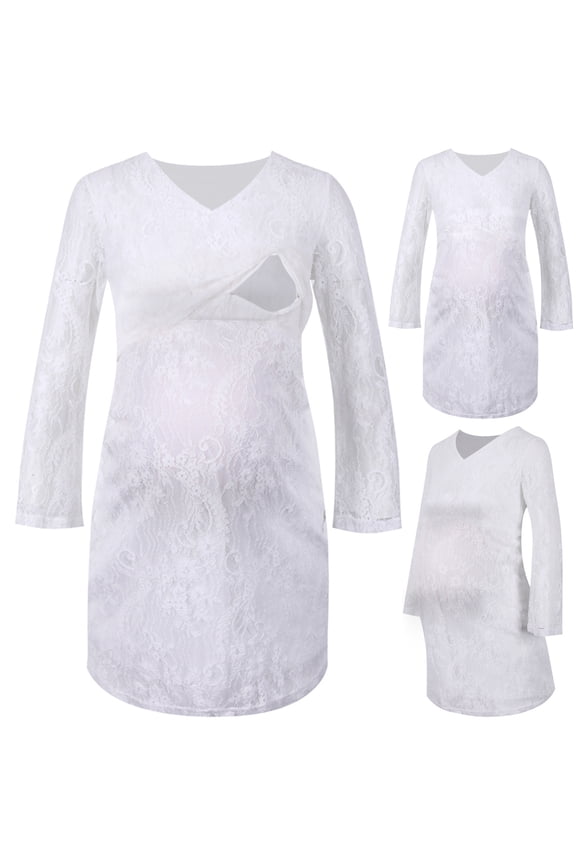 Women's Maternity Nursing Dress Elegant Floral Print Lace Midi Dresses Fall Comfort Long Sleeve V-Neck Breastfeeding Pregnancy Dresses Fall SavingWhite XL