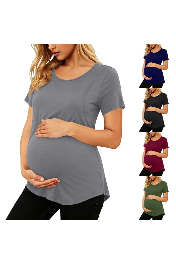 Women's Maternity T Shirts Short Sleeve Pregnancy Tees Crew Neck Casual Mama Blouses Soft Comfy Lounge Pajama Tops Navy L