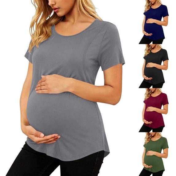 Jinhomg Women's Maternity T Shirts Short Sleeve Pregnancy Tees Crew Neck Casual Mama Blouses Soft Comfy Lounge Pajama Tops Red L