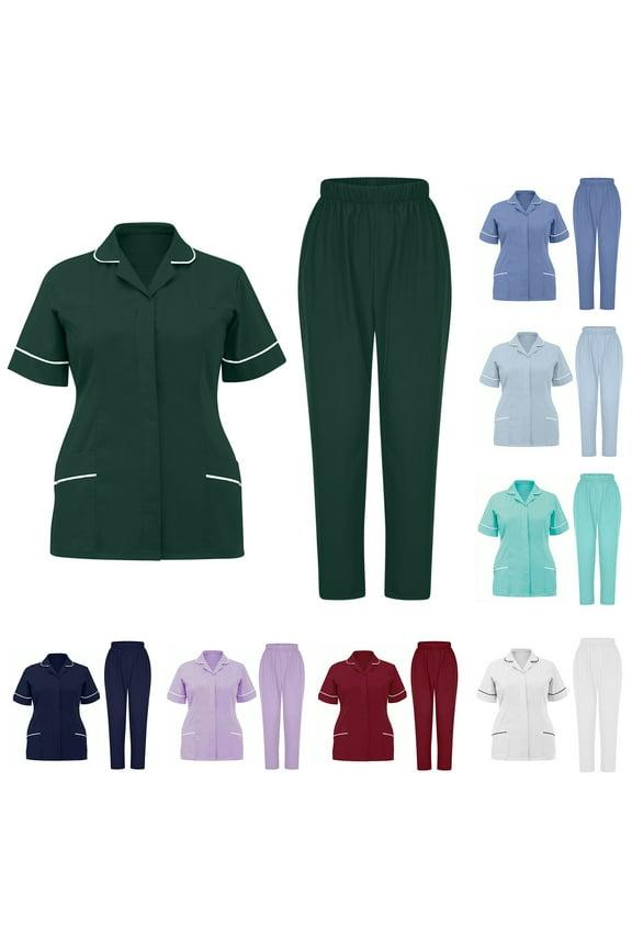 Women's Medical Scrub Sets Plus Size Button Down Lapel Collar Tunic Tops with Elastic Waist Long Pants 2 Piece Casual Comfy Nurse Working Uniform Dark Blue XXXL