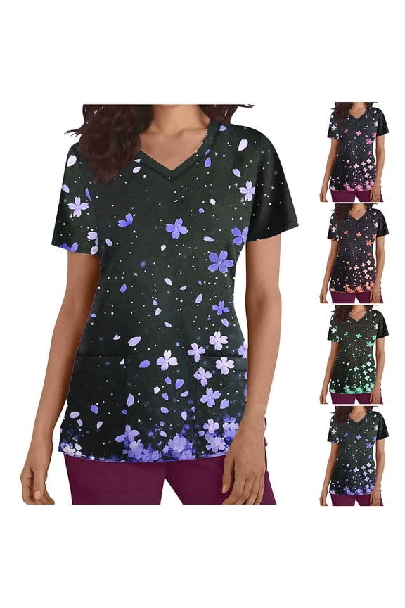 Women's Medical Scrubs Elegant Floral Print Nursing Tops Casual Comfy Short Sleeve V-Neck Scrub Shirt with Pockets Nurse Workwear Winter Saving Green XXL