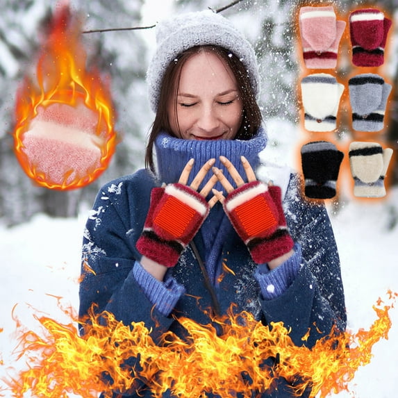 Jinhomg Women's Men's USB Heated Gloves Knitting Hands Fingerless Convertible Mittens Thermal Cozy Winter Heating Warmer with Button Summer Saving White Free Size