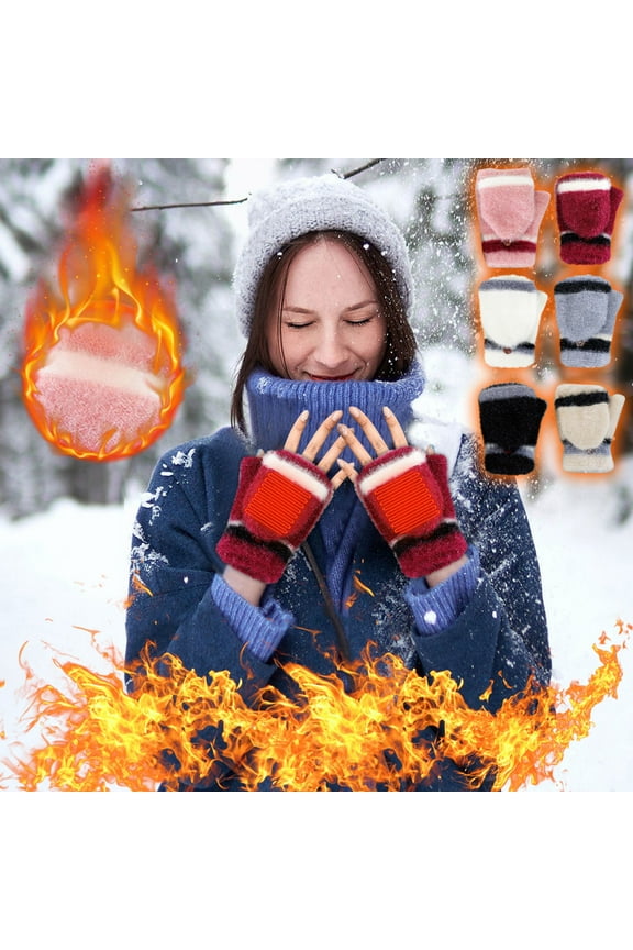 Women's Men's USB Heated Gloves Knitting Hands Fingerless Convertible Mittens Thermal Cozy Winter Heating Warmer with Button Sales Today Clearance Black Free Size